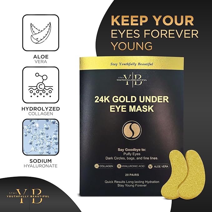 24k Gold Under Eye Patches (20 Pairs), facial wrinkle patches, Hyaluronic Acid, Aloe Vera, Collagen Skin Care anti wrinkle treatment, Eye Patches for Puffy Eyes, eye masks dark circles and puffiness