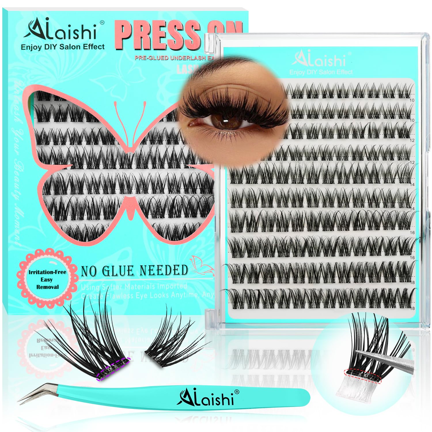 No Glue Needed Lashes, Self Adhesive Eyelashes, DIY Lash Cluster Eyelash Extensions Kit 10‑18mm,120pcs Fluffy D Curl Soft Natural Lashes with Tweezers–Fake Cat Eye Wispy Individual Clusters(NGDY81)