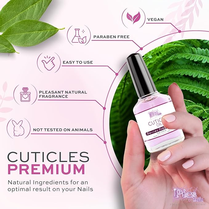 Pics Nails Professional Cuticle Oil - Berries Cuticle Softener for Nails & Cuticle Care - Nail Oil Cuticle Repair Treatment with Sunflower Seed Oil 12ML Cuticle Oil Bottle with Brush Applicator