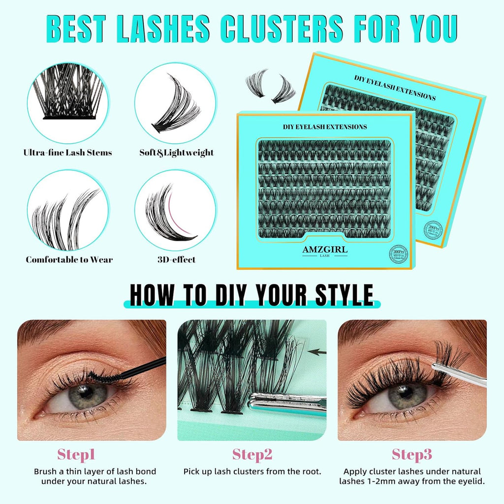 Lash Extension Kit 200PCS Lash Clusters Mix Eyelash Extension Kit with Waterproof Lash Bond and Remover,Individual Lashes with Lash Tweezers for Beginners at Home(40D,D-Mix9-16mm)