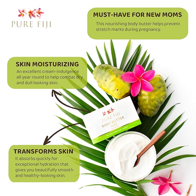 PURE FIJI Body Butter - Moisturizer Body Butter Cream - Face Cream and Body Lotion for Dry Skin with Natural Oils & Vitamin E, Body Butter For Women for Men,Noni, 8oz