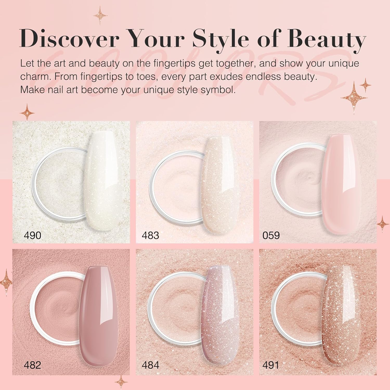 AZUREBEAUTY Dip Powder Nail Nude Set Light Pink Champagne Shimmery, All Seasons 6 Colors Dipping Powder Starter Kit French Nail Art Manicure DIY Salon for Women, No Need Nail Lamp Cured