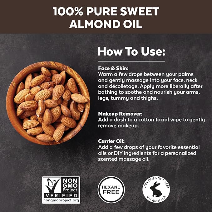 Sweet Almond Oil for Skin - Body Oil, Hair Moisturizer and Relaxing Massage and Oil, Carrier Oil for Essential Oils Mixing, Non-Greasy Pure Sweet Almond Oil for Hair and Skin, 16 fl oz
