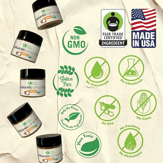 Earth's Daughter Organic Coconut Lip Scrub 0.7 oz - USDA Organic, Fair Trade, Sugar, Jojoba Oil, Beeswax, Coconut Oil, Calendula Extract