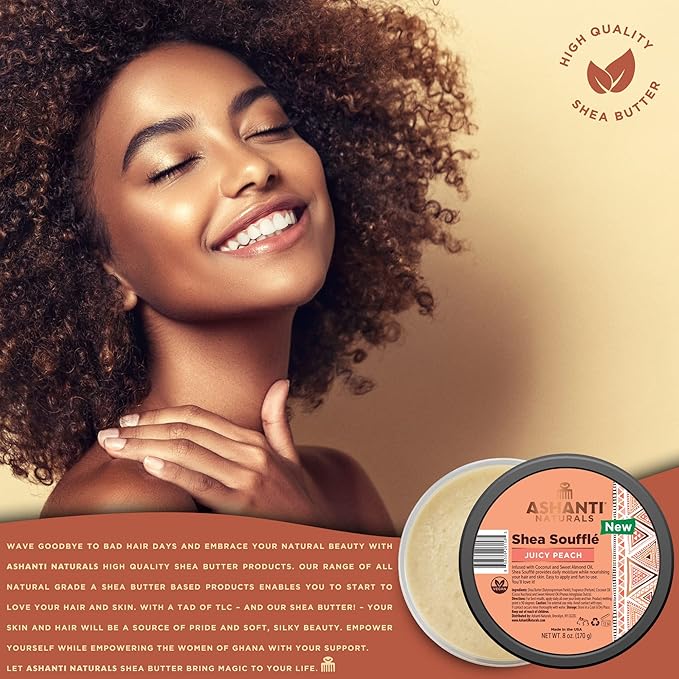 Scented Whipped Shea Butter for Skin | African Body Butter for Women w/Coconut, Almond Oil (Juicy Peach Souffle, 8 oz)