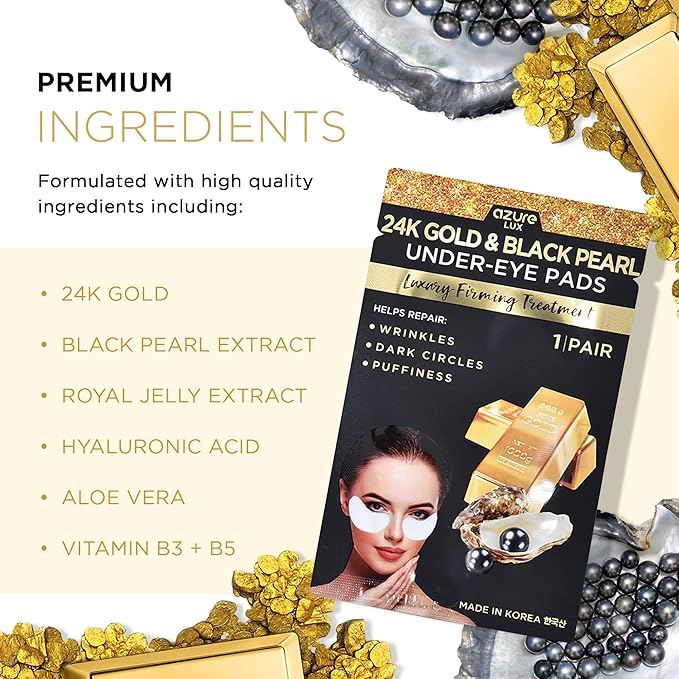 Azure Cosmetics 24K Gold & Black Pearl Luxury Firming Under Eye Pads - Moisturizing & Restoring Eye Mask Patches - Reduces Fine Lines, Wrinkles, Dark Circles & Puffiness - Made in Korea - 5 Pairs