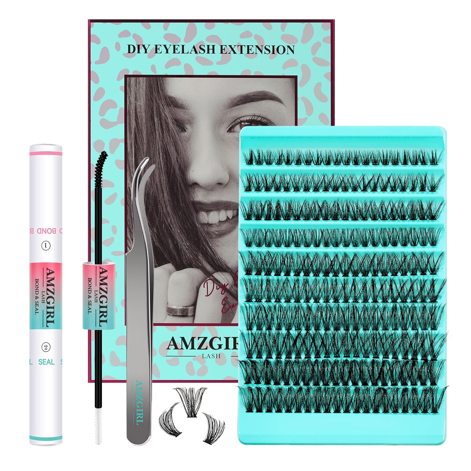 Lash Clusters Kit 200PCS 50D Eyelash Extension Kit D Curl Wispy Eyelash Clusters DIY Natural Individual Lashes Kits Lashes Extensions Kit with Lash Bond and Remover Eyelash Tweezer at Home（White Bond）