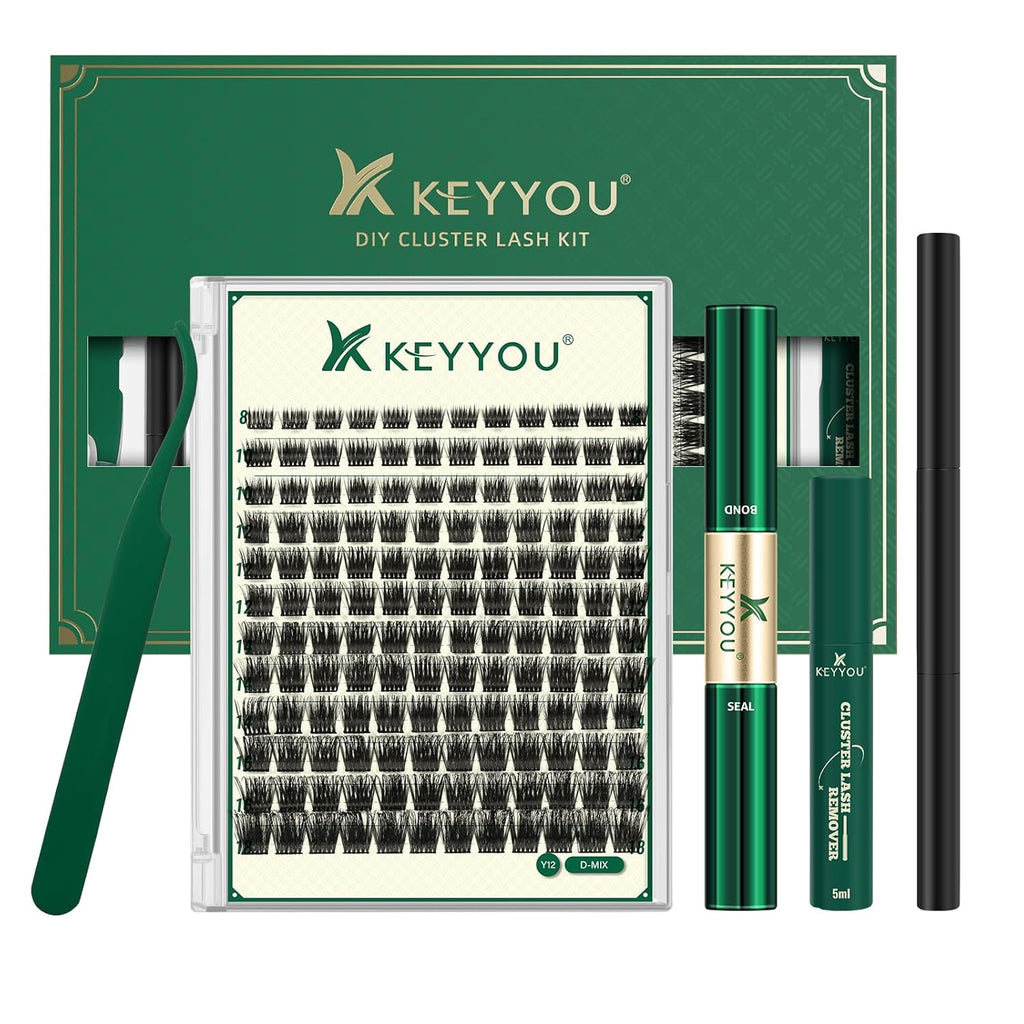 DIY Lash Extension Kit KEYYOU 144pcs Lash Clusters Eyelash Extension Kit with Mascara Brush Bond and Seal Lash Remover Lash Applicators Lash Brush for DIY Lash Extensions (Y12 Kit)