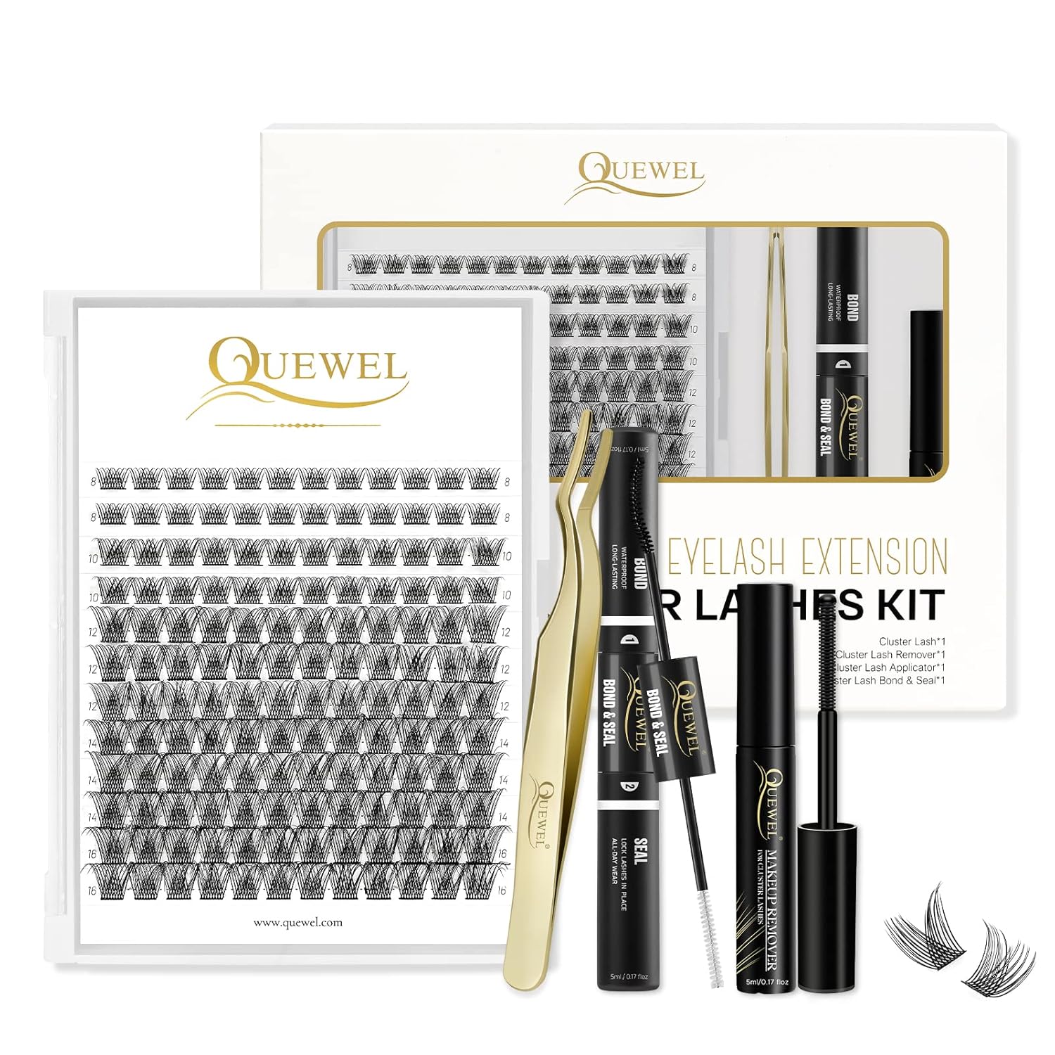 QUEWEL DIY Eyelash Extensions Kit, 144 Pcs Lash Clusters, Cluster Eyelashes Applicator Tool, Super Hold Cluster Lashes Bond and Seal, Clusters Lash Glue Remover Easy to Use at Home(QU-H-DH-02)