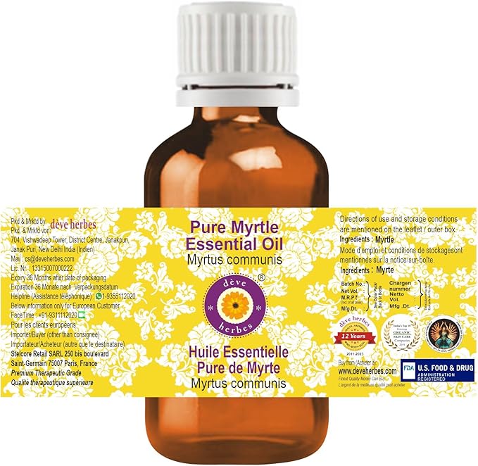 Deve Herbes Pure Myrtle Essential Oil (Myrtus communis) Steam Distilled 100ml (3.38 oz)