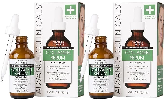 Advanced Clinicals Collagen Serum For Face | Visible Anti Aging Collagen Peptide Serum + Hyaluronic Acid Moisturizer Improves Look Of Wrinkles, Dry Skin, & Fine Lines, No added Fragrance, 2-Pack