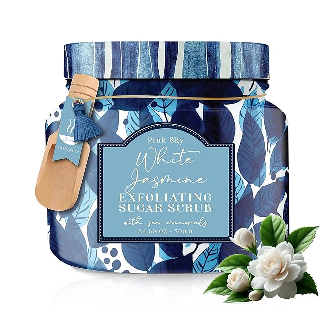 Pink Sky Exfoliating Body Scrub - Ultra Gentle Sugar Scrub for Smooth Skin - Premium Body Scrubs for Radiant, Soft Skin - Ideal Exfoliator for All Skin Types - 700g (White Jasmine, 24.69 Oz)
