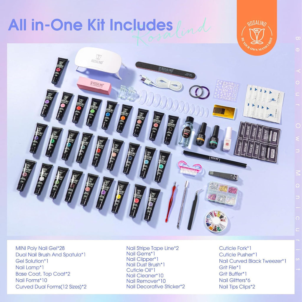 ROSALIND 28 Colors Color Poly Nail Gel Colors Kit with Mini Nail Lamp Clear Neon Poly Nail Gel Starter Kit for Beginners Halloween All Seasons Classic Colors with Everything