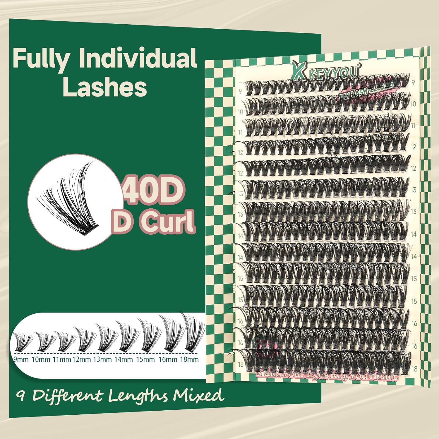 DIY Lash Extension Kit 280pcs Individual Lashes D Curl Eyelash Extension Kit KEYYOU 40D 9-18Mix Lash Clusters with Lash Bond and Seal and Lash Applicator for DIY at Home(KIT-40D-0.07D-9-18Mix)