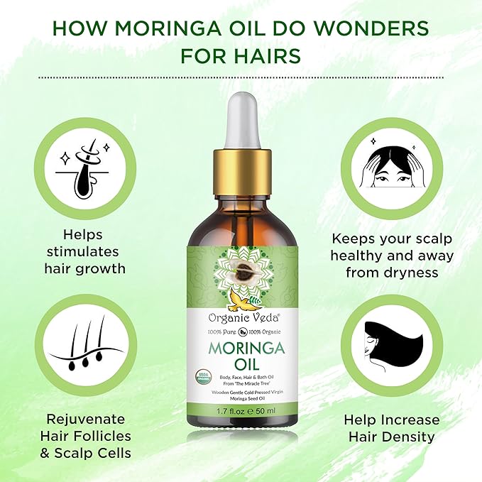 Organic Veda Moringa Oil Virgin 100% Pure & USDA Organic - Multi Purpose, Face, Hair & Skin, Nails, Fast Absorbing, Moisturizing & Beautifying - The Miracle Tree Moringa Oleifera Seed Oil, 1.7 fl.oz