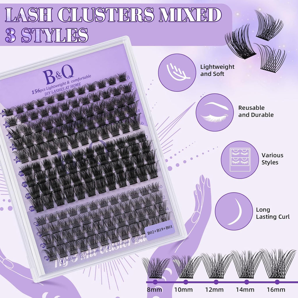 B&Qaugen Lash Clusters 156PCS Lash Clusters Kit B01+B02+B19 DIY Lash Extension Kit Eyelash Extension Kit 8-18mm Wispy Lashes Clusters with Lash Bond & Seal Lash Applicator Tool for DIY (Andromeda)