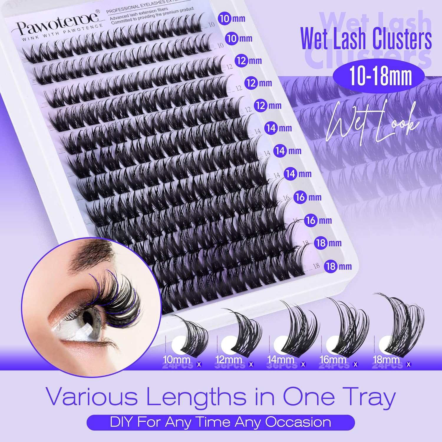 Pawotence Lashes Clusters Wispy Cluster Eyelash Extensions 144pcs Individual Lashes Wet Look 10-18mm Lash Extension DIY False Eyelashes Soft Comfortable Eyelash Clusters