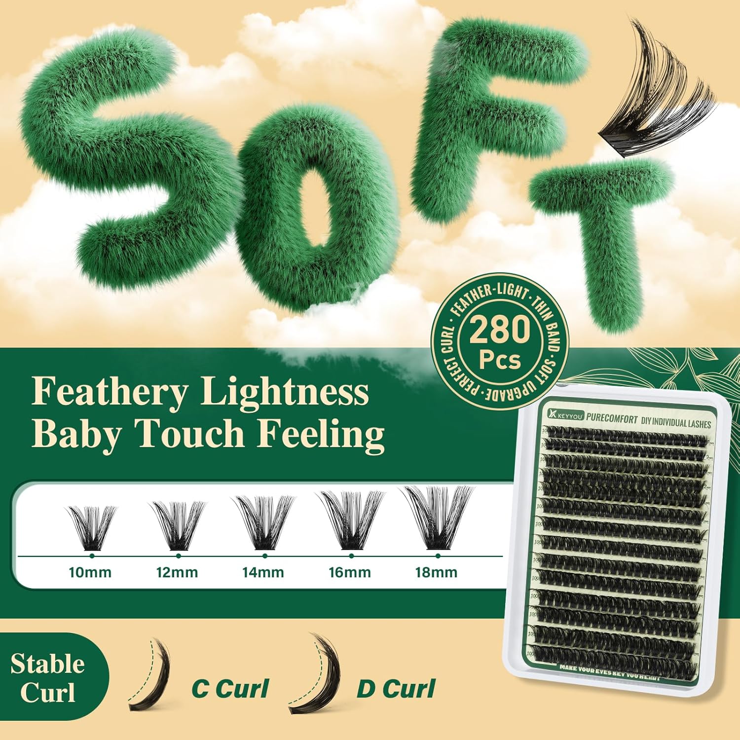 KEYYOU DIY Lash Extension Kit - 280pcs Soft Clusters - 100D Curl - Easy to Apply with Bond, Seal & Remover - At Home