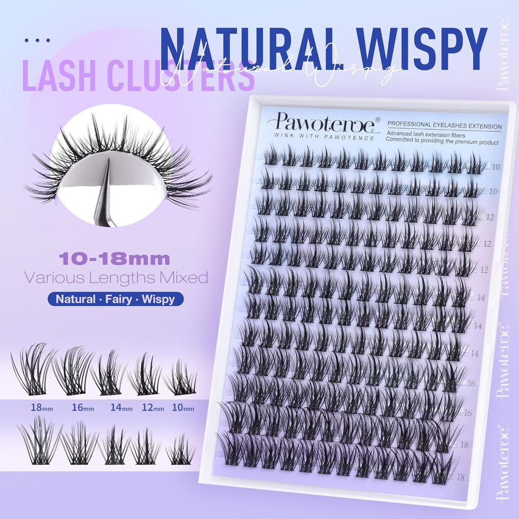 Pawotence Wispy Lash Clusters Natural Eyelash Clusters 10-18mm Fairy Lashes Cluster Eyelash Extensions 144pcs Anime Individual Cluster Lashes Wispy for DIY Lash Extension