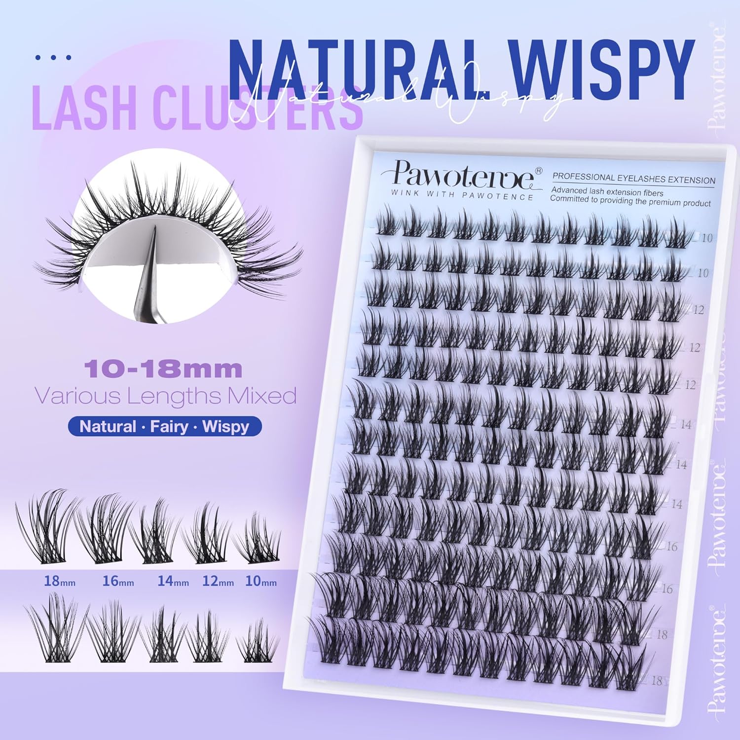 Pawotence Wispy Lash Clusters Natural Eyelash Clusters 10-18mm Fairy Lashes Cluster Eyelash Extensions 144pcs Anime Individual Cluster Lashes Wispy for DIY Lash Extension