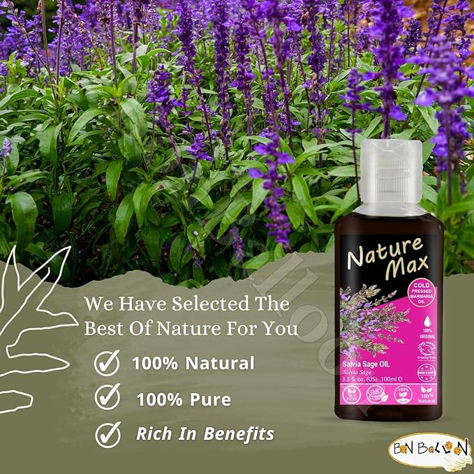 Nature Max Marmaria Salvia Sage Oil Natural Undiluted Pure For Hair & Skin Care Cold Pressed Egyptian Egypt Arab Arabic Arabian Herbal Herb Herbs Kosher Halal (1Pack = 3.38 oz / 100 ml) زيت المرمرية