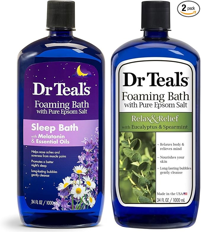 Dr Teal's Foaming Bath Variety Gift Set (2 Pack, 34oz Ea.) - Relax & Relief Eucalyptus & Spearmint, Melatonin Sleep Bath - Essential Oils Blended with Pure Epsom Salt Eases Aches & Aids in Sleep