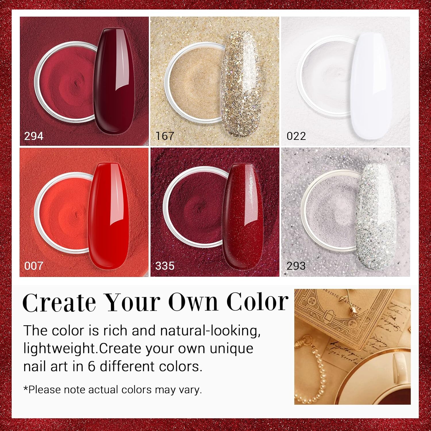 AZUREBEAUTY Dip Powder Nail Set, Red Burgundy Rose Berry Sparkle Milky Snow White Silver Glitter, 6 Colors Dipping Powder Starter Kit French Nail Art Manicure DIY Salon, No Need Nail Lamp Cured