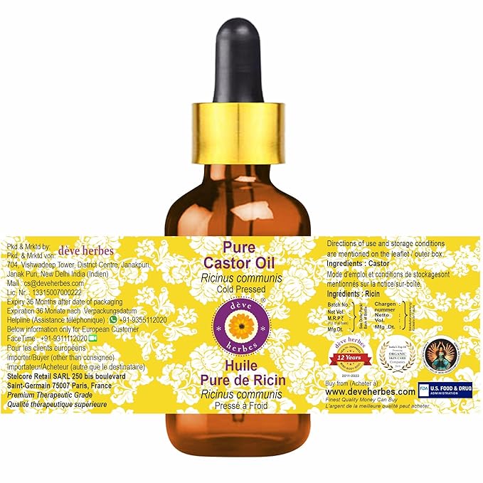 dève herbes Pure Castor Oil (Ricinus communis) with Glass Dropper 100% Cold Pressed 50ml (1.69 oz)