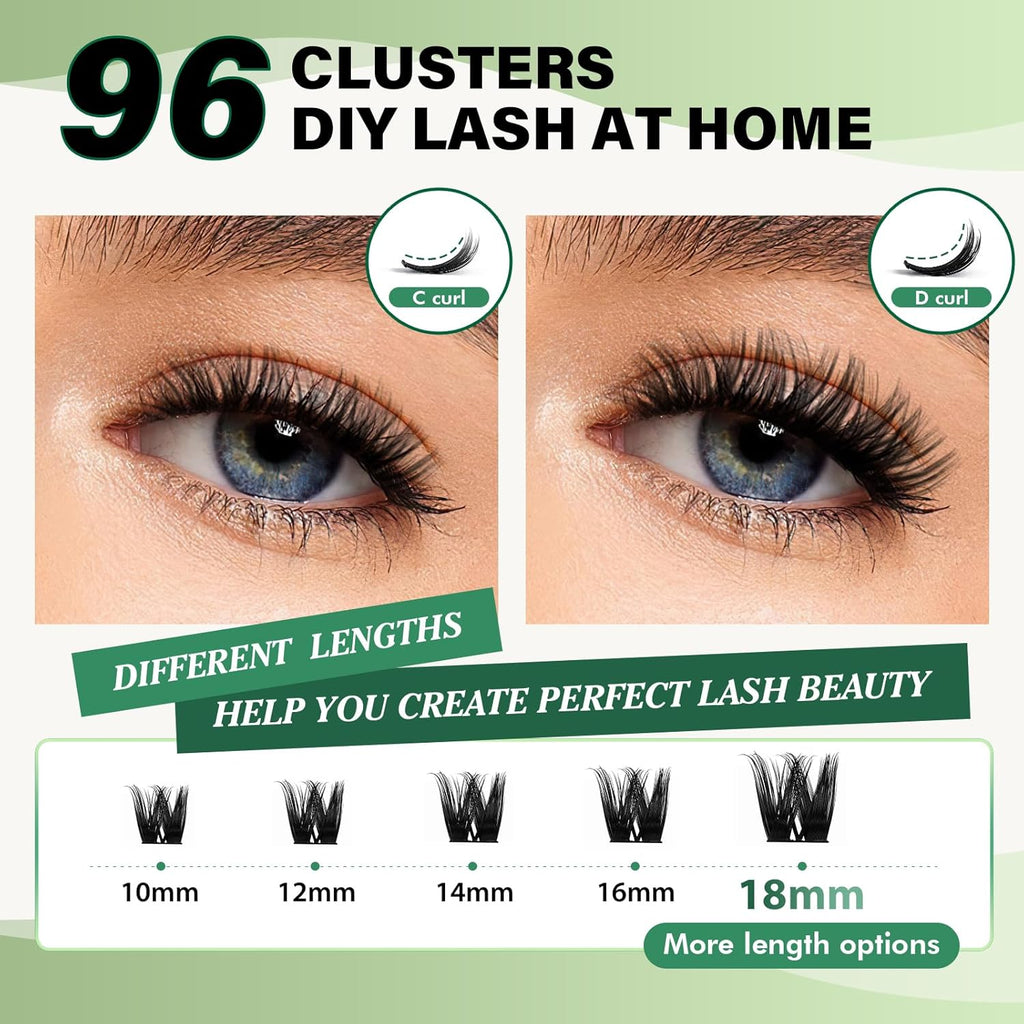 Lash Clusters,96 Pcs Cluster Lashes Y10 D Curl 8-18MIX DIY Lash Extensions Eyelash Clusters,KEYYOU Volume Wispy Individual Lashes Soft&Comfortable Easy DIY at Home(Y10,D-8-18MIX)