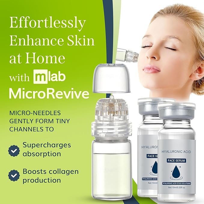 Microrevive Titanium Micro Infusion Facial System - Home Microneedling Kit with Collagen-Stimulating Derma Stamp & Premium Hyaluronic Acid Serum - Set Includes 1 Serum, 1 Applicator & 1 Dropper