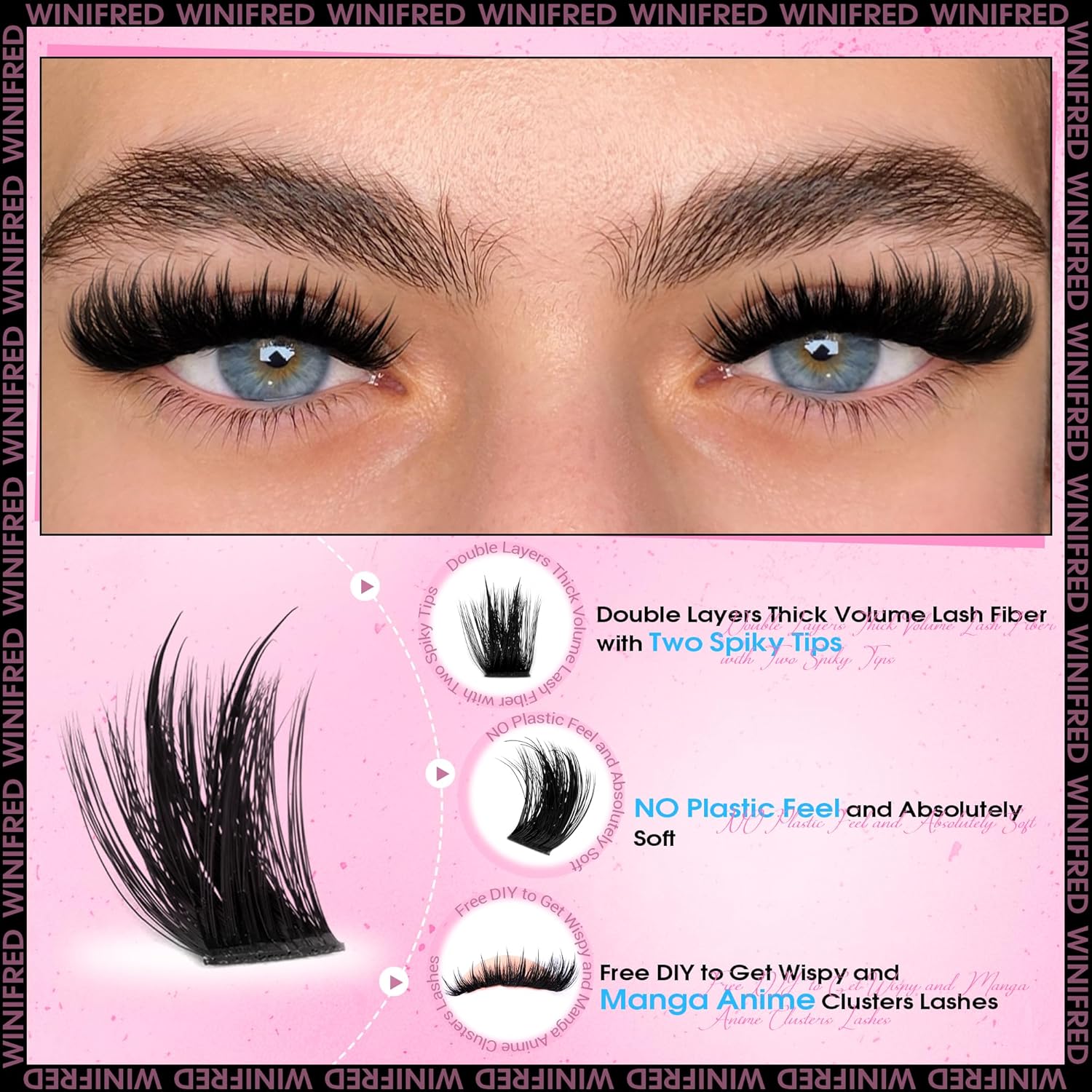 Winifred Lash Clusters Kit Fluffy Lash Extension Kit Fairy Wispy Eyelash Clusters Thick Volume Cluster Eyelash Extensions 10-18mm Lash Clusters with Spikes Lash Kit with Lash Bond and Seal