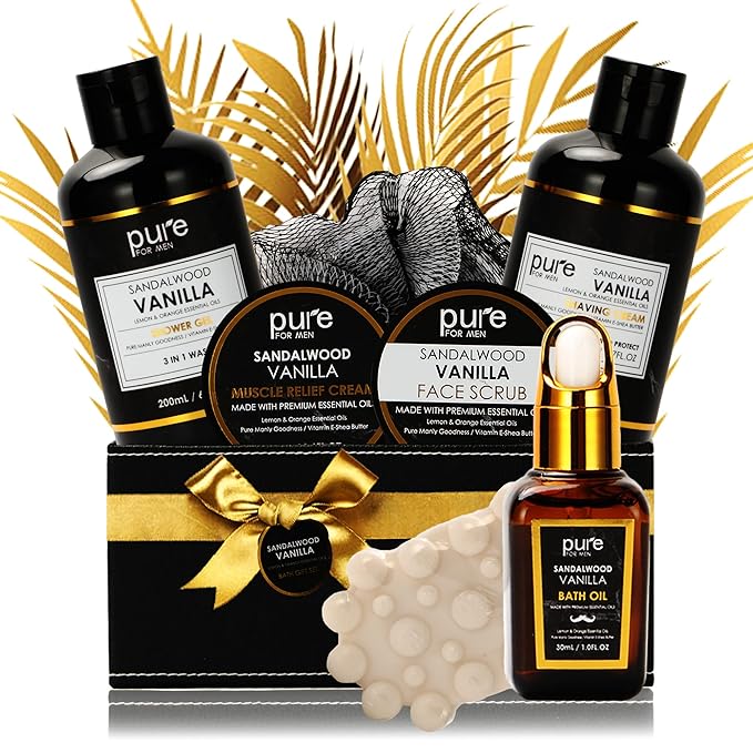 Pure Mens Bath and Body Gift Set. 7 Pc Natural Spa Gift Basket for Men. Spa Gift Set is #1 Ideal Gift for Men That Care about themselves!