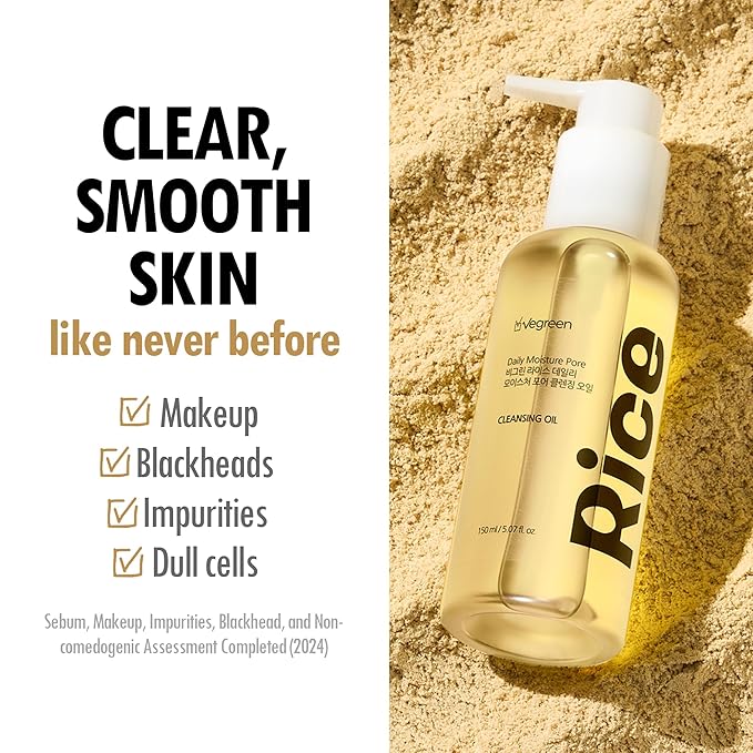 VEGREEN Rice Daily Moisture Pore Cleansing Oil | Korean Skin Care Oil Cleanser w/ 7 Raw Oil Complex | Gentle Face Cleanser for Oily Skin | Pore Control Cleansing Oil Makeup Remover (5.07 fl oz)