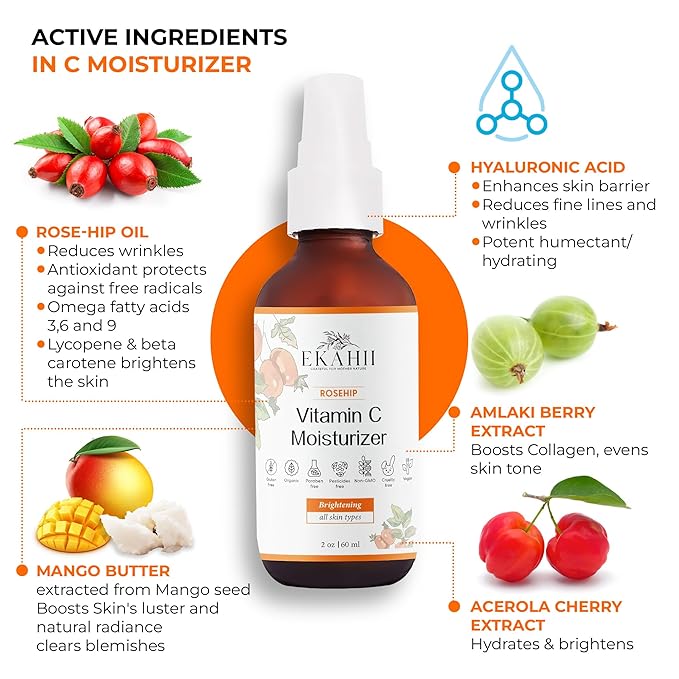 Vitamin C Face & neck moisturizer, Dark Spot Remover, Vit C Serum w Hyaluronic Acid, Rosehips, Noni, Amalaki, Orange, Acerola Cherry, Mango Butter- Anti Aging & Skin Brightening - Ayurvedic