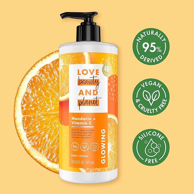 Love Beauty And Planet Lotion - Moisturizing Mandarin + Vitamin C Lotion, Natural Body Lotion for Women, Dry Skin Lotion Scented with Mandarin Orange, 16 Fl Oz (Pack of 2)