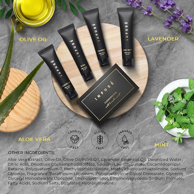 Infuse Black Amenity Kit | Hotel Bulk Toiletries | 1 oz Shampoo, Conditioner, Lotion, Body Wash, Cleansing Bar Soap for Guest Hospitality Vacation Rentals | 1 Set/Case