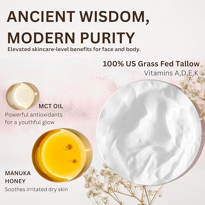 Whipped Beef Tallow for Skin - 100% Pure, Grass Fed Tallow Moisturizer for Face and Body - Organic Honey Beef Balm for Sensitive Skin - Quick Absorbing Hydration (Unscented)