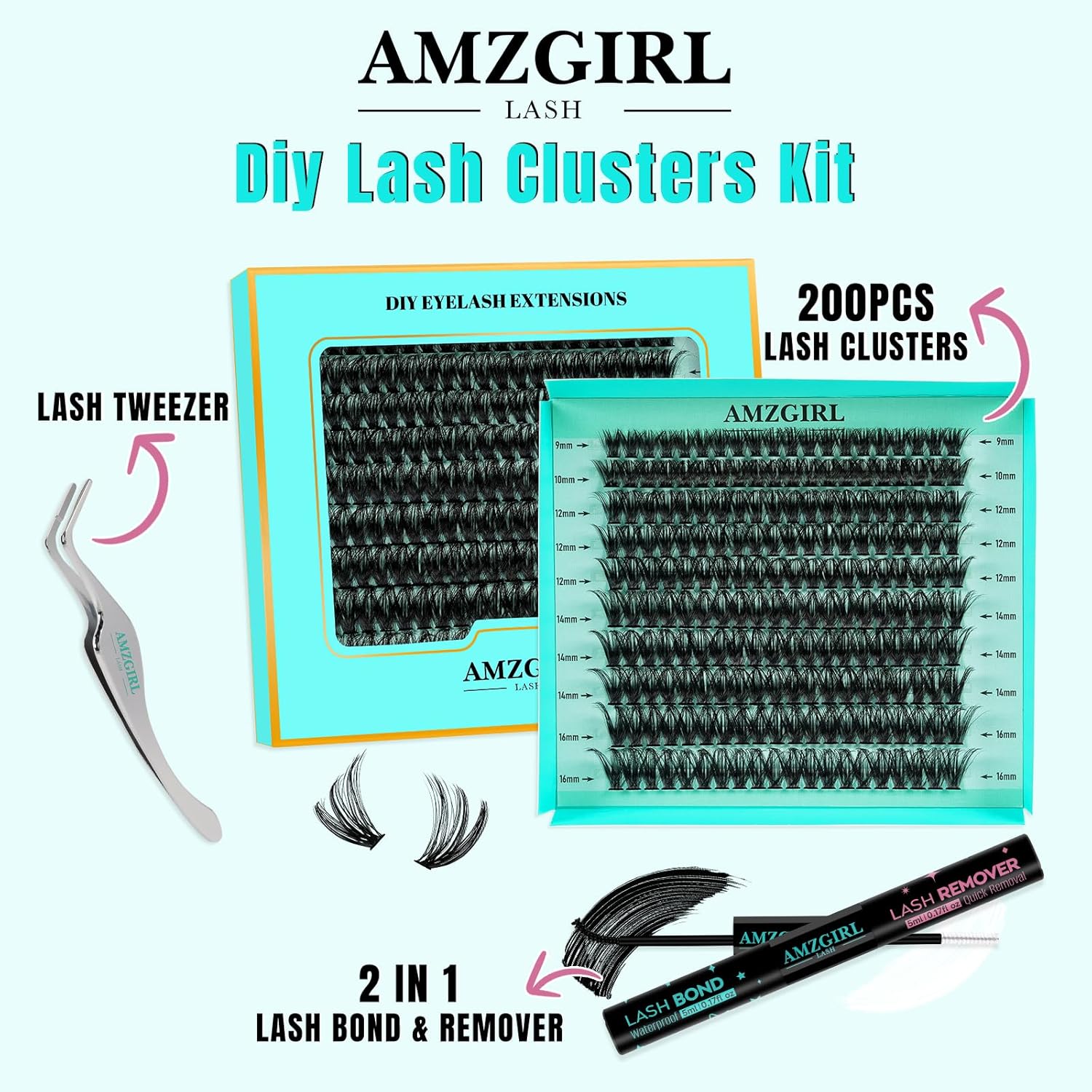 Lash Extension Kit 200PCS Lash Clusters Mix Eyelash Extension Kit with Waterproof Lash Bond and Remover,Individual Lashes with Lash Tweezers for Beginners at Home(80D,D-Mix9-16mm)