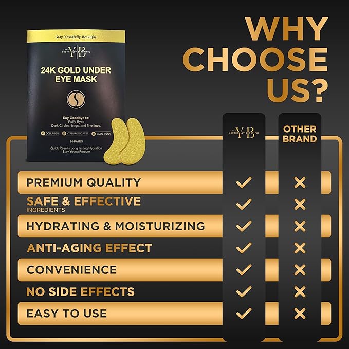 24k Gold Under Eye Patches (20 Pairs), facial wrinkle patches, Hyaluronic Acid, Aloe Vera, Collagen Skin Care anti wrinkle treatment, Eye Patches for Puffy Eyes, eye masks dark circles and puffiness