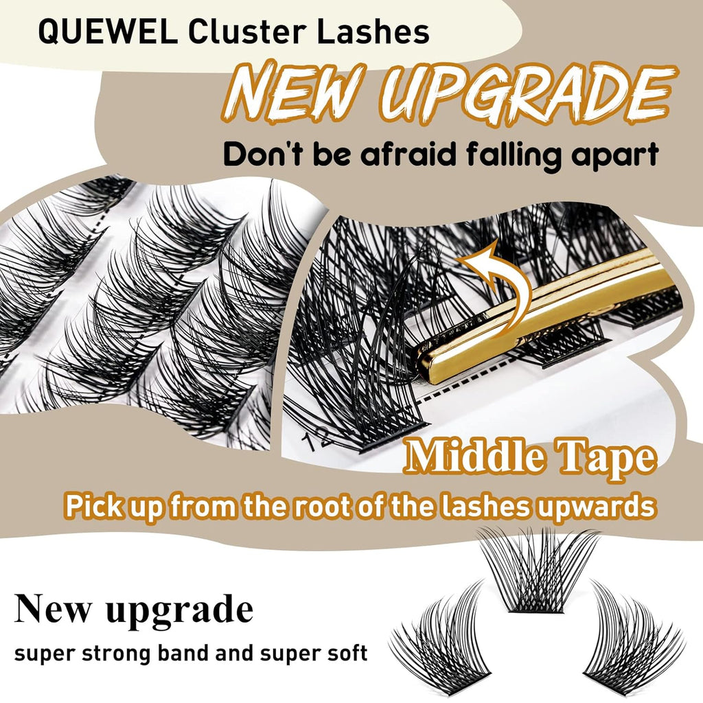 QUEWEL Cluster Lashes 72 Pcs Wide Stem Individual Lashes C/D Curl 8-16mm Length DIY Eyelash Extension False Eyelashes Natural&Mega Styles Soft for Personal Makeup Use at Home (Mega-C-14)