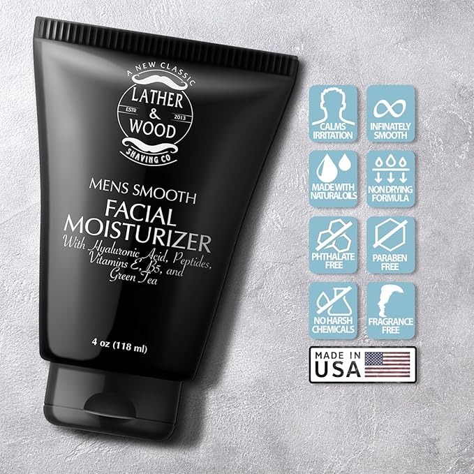 Face Moisturizer for Men - Lather & Wood's Luxurious Sophisticated Face Lotion for the Regular Guy. Fragrance-Free Facial Cream for Men. (Unscented, 4 ounce)