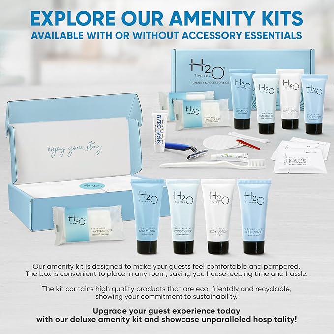 H2O Therapy Amenity & Accessory Kit | 0.85 oz Travel Size Shampoo, Conditioner, Lotion, Body Wash, Massage Bar, Cleansing Bar, Shave & Dental Sets, Make-Up Remover Wipes, & Vanity Kit | 60 sets/case
