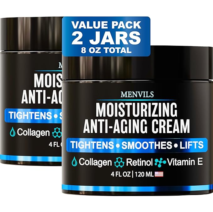(2 Pack) Mens Face Moisturizer Cream - Anti Aging & Wrinkle for Men with Collagen, Retinol, Vitamins E, Jojoba Oil - Face Lotion - Age Facial Skin Care - Eye Wrinkle - 8 oz Total