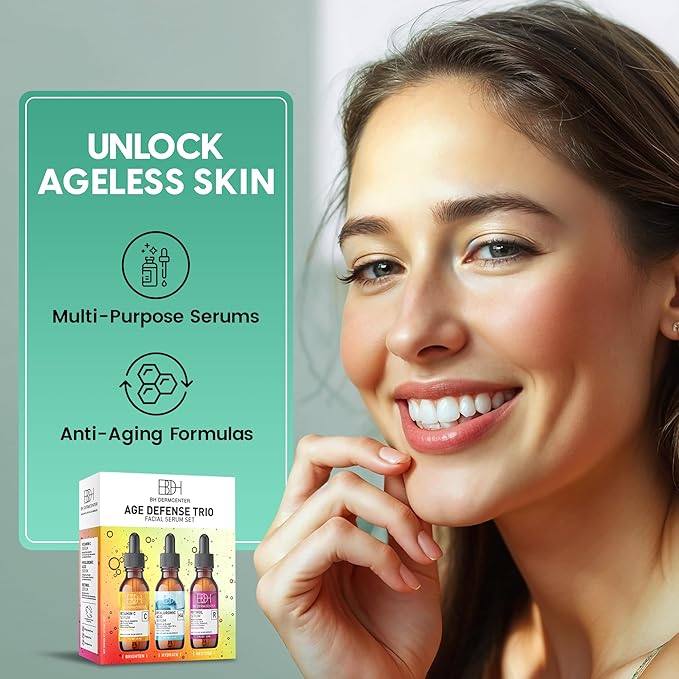 Age Defense Trio Anti-Aging Serum Set for Face and Eyes - Vitamin C, Retinol, Hyaluronic Acid Face Serum for Men and Women - 30ml Each - Paraben Free, Cruelty Free