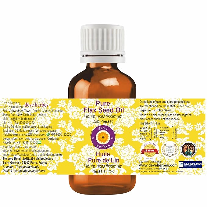 Deve Herbes Pure Flax Seed Oil (Linum usitatissimum) Natural Therapeutic Grade Cold Pressed 10ml (0.33 oz)