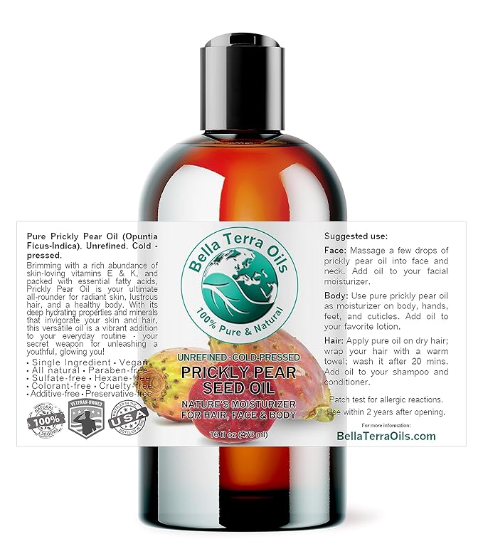 Bella Terra Oils - Prickly Pear Oil 16 oz - Nourish with Barbary Fig Elixir, Abundant in Phenolic Compounds & Amino Acids, A Treasure for Luminous Skin