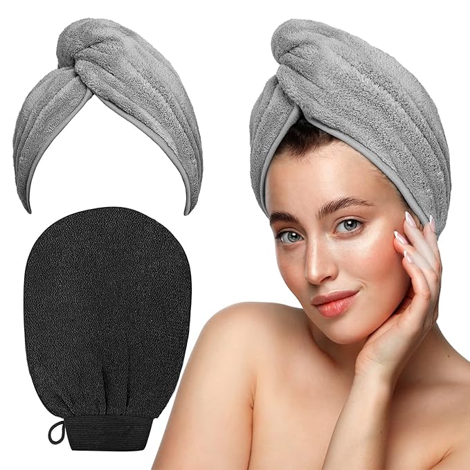 【2 in 1】Exfoliating Glove and Microfiber Hair Towel Set, Deep Exfoliating Body Scrubber for Healthy Skin Korean Exfoliating Mitt, Skin Body Exfoliator,【Super Absorbort】Hair Towel for Women Wet Hair