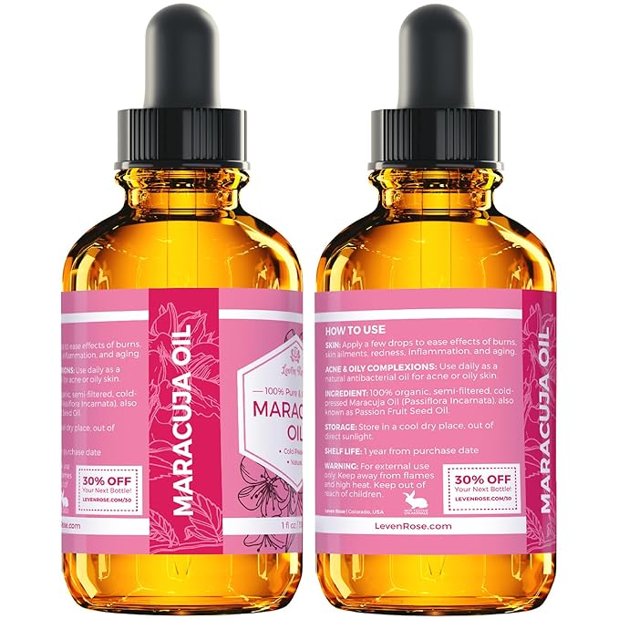 Leven Rose Maracuja Oil, Passion Fruit Seed Oil 100% Natural Moisturizer for Hair Skin and Nails 1 oz