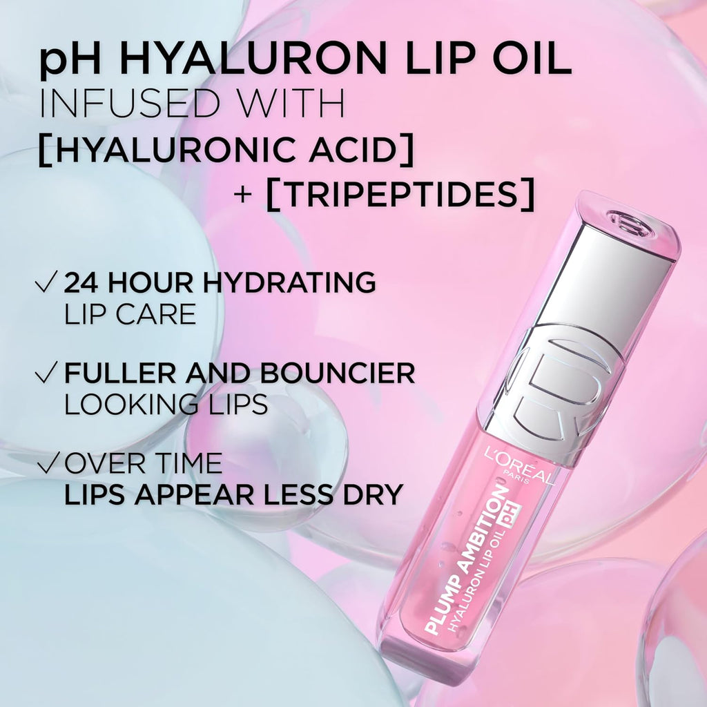 L'Oreal Paris Plump Ambition pH Hyaluron Lip Oil, Color Shifting Lip Tint with 24HR Hydration, Volumizing Shine and Lasting Color, 050 pH Lilac