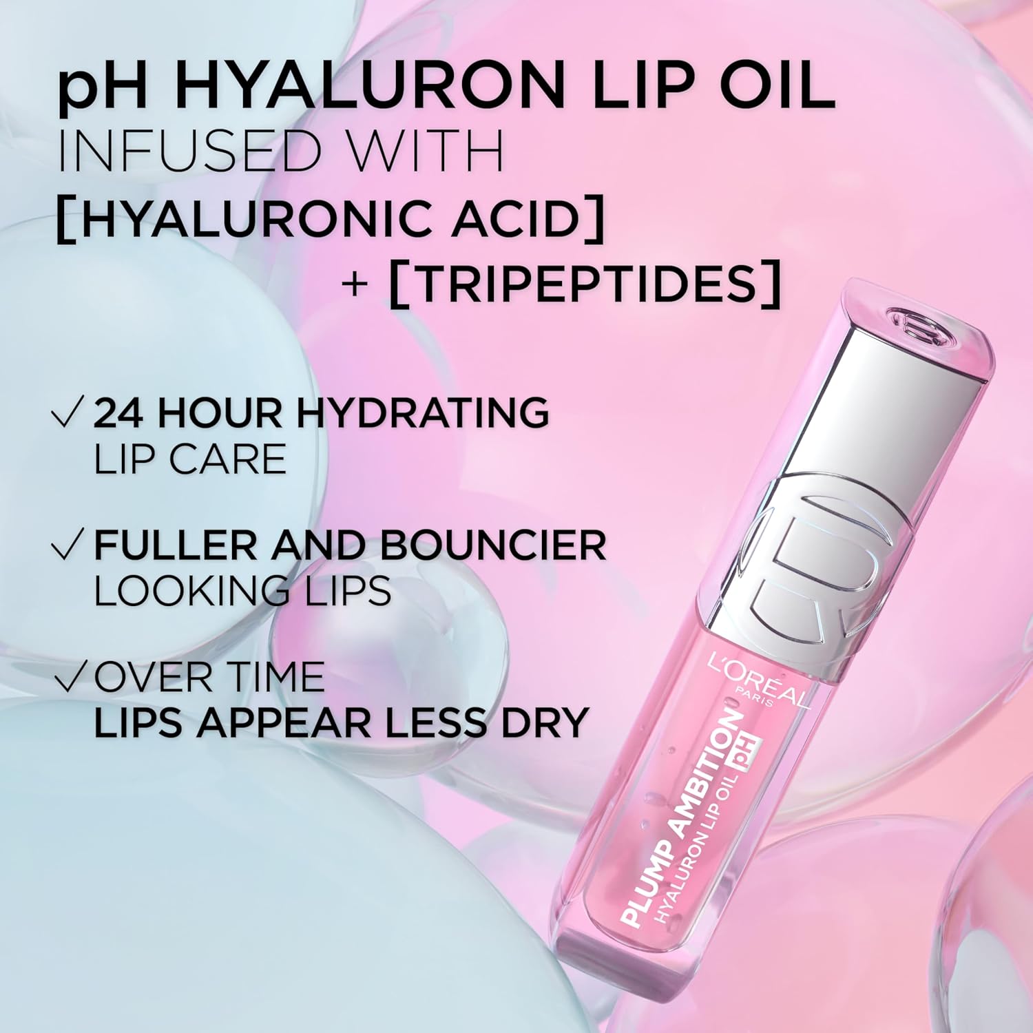 L'Oreal Paris Plump Ambition pH Hyaluron Lip Oil, Color Shifting Lip Tint with 24HR Hydration, Volumizing Shine and Lasting Color, 020 pH Rosé